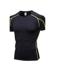 Black athletic shirt with green accents on a white background