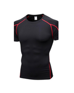 Black athletic shirt with red accents on a white background