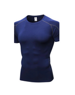 Navy blue athletic shirt with grey accents on a white background