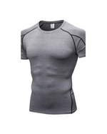 Gray athletic shirt with white trims on a white background