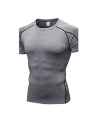 Gray athletic shirt with white trims on a white background