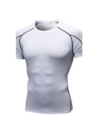White athletic compression shirt with black accents on a white background